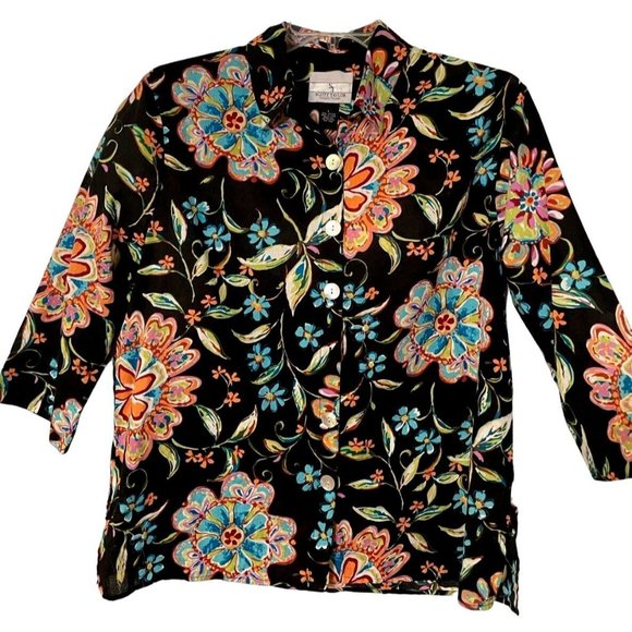 Scott Taylor Womens Top Floral 3/4 Sleeve Button Up Shirt Tropical Colorful - Picture 1 of 11